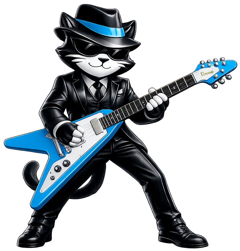 Brando Cat playing a bright blue electric guitar